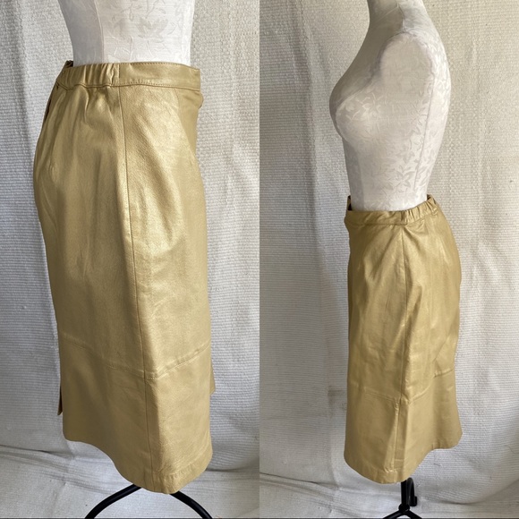 Vintage 90s M Leather Skirt Metallic Gold Pencil - Picture 2 of 8